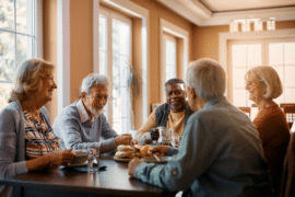 Un groupe de personnes âgées partagent un bon moment au sein d'un Cantou ou Unités Protégées Alzheimer
