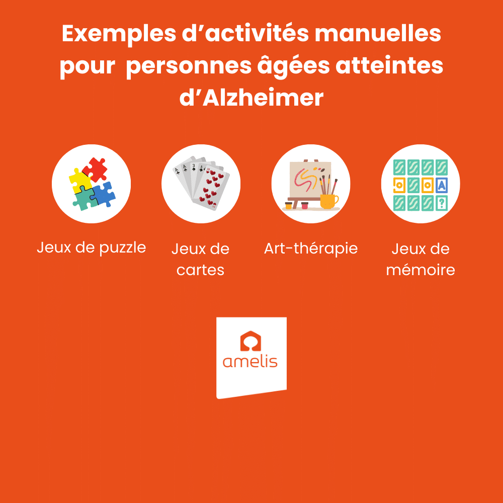 Une infographie Amelis montrant des exemples d’activités manuelles pour personnes âgées atteintes d’Alzheimer